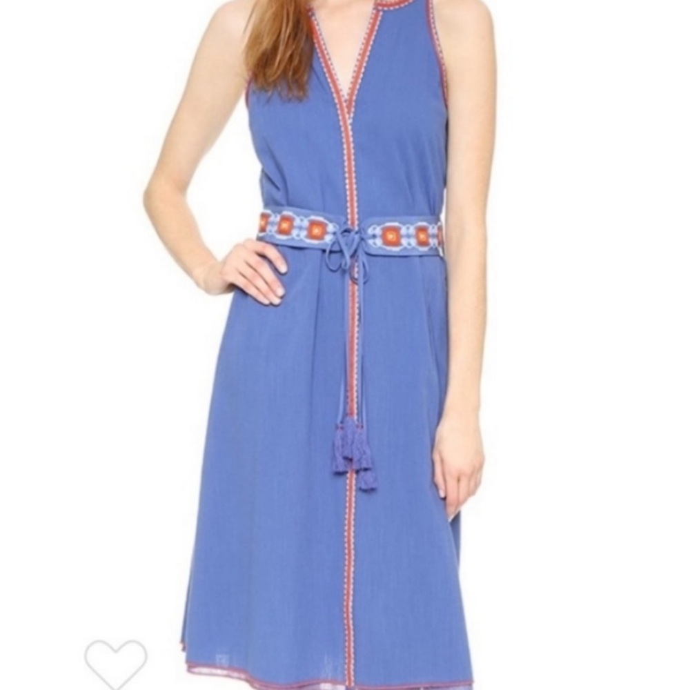 Like new Tory Burch, sleeveless dress blue embroidered orange red tassel belt 4